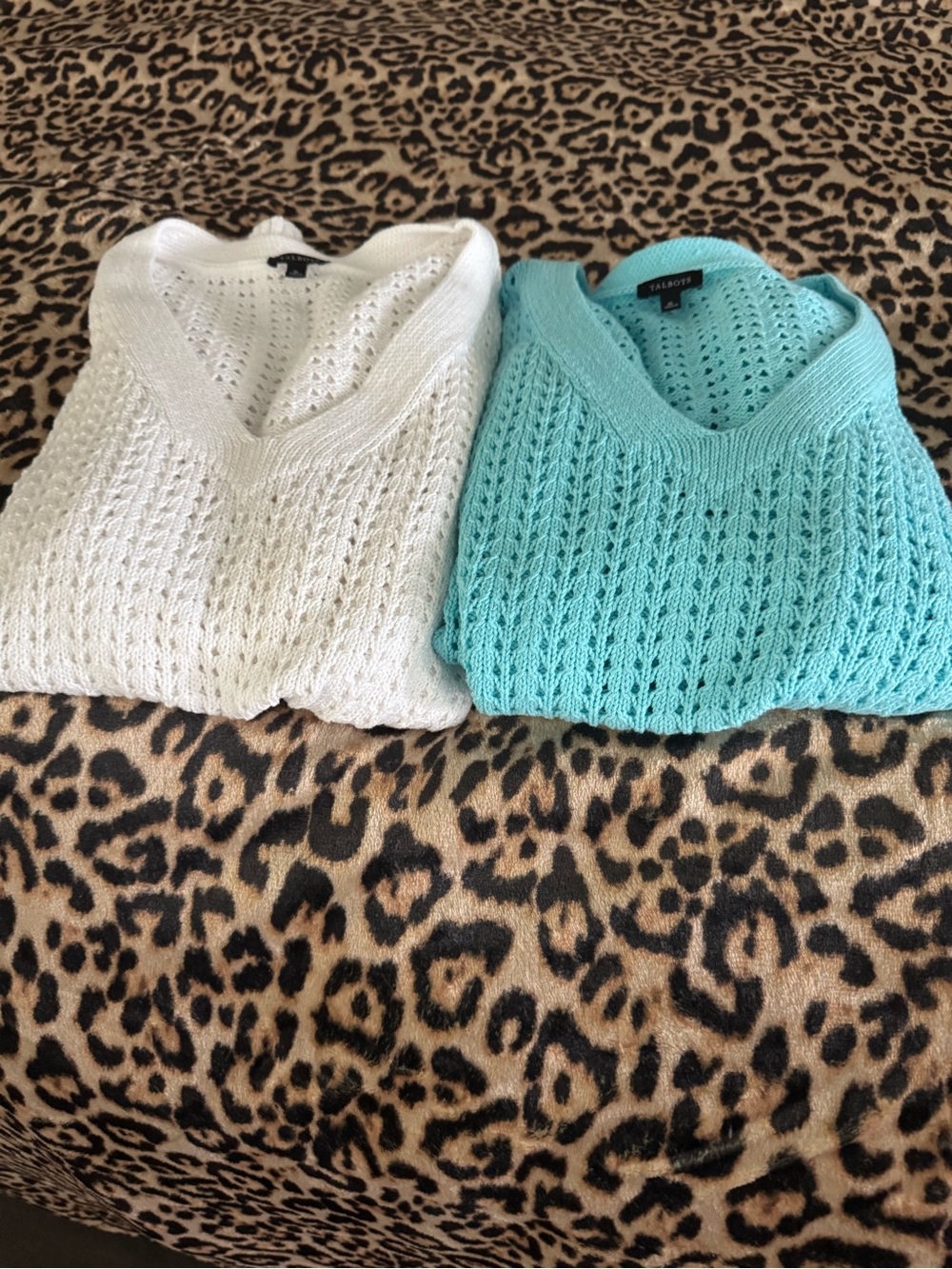 Talbots V-Neck Open Knit Sweaters - White and Aqua

Two for $50
